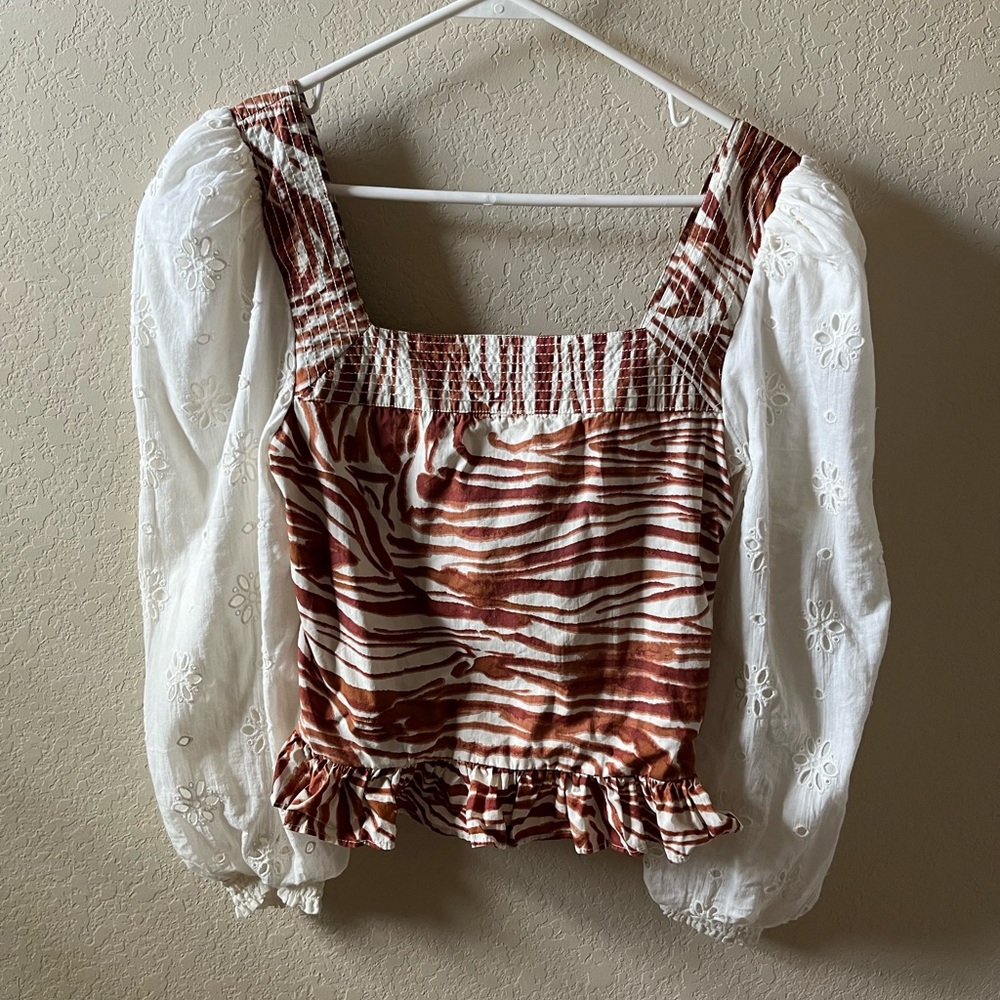 Anthropologie Love The Label Women Smocked Puff-Sleeve Blouse Size S Mixed Print - Picture 3 of 15